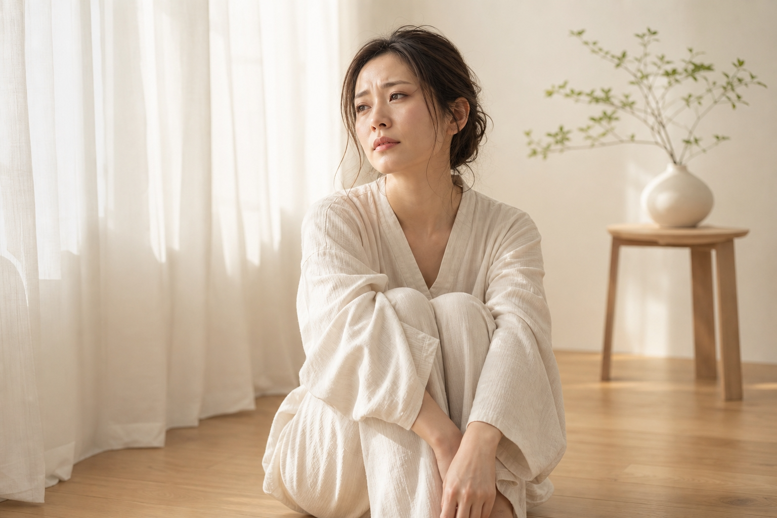 肩を抱える女性。不調はあなたを守るための体の反応