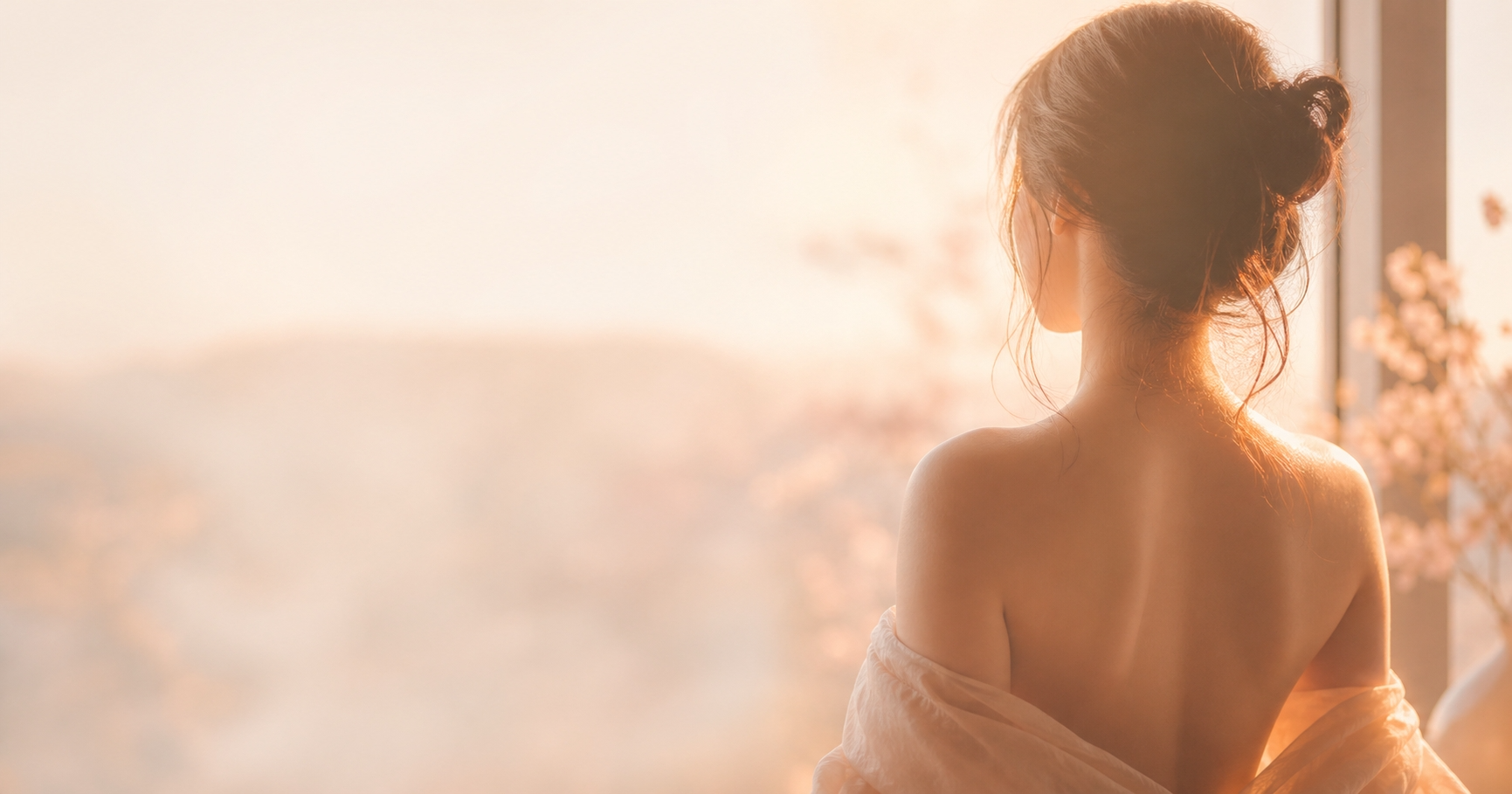 窓際に立つ女性の背中シルエット。休めるからこそ人はまた動き出せる